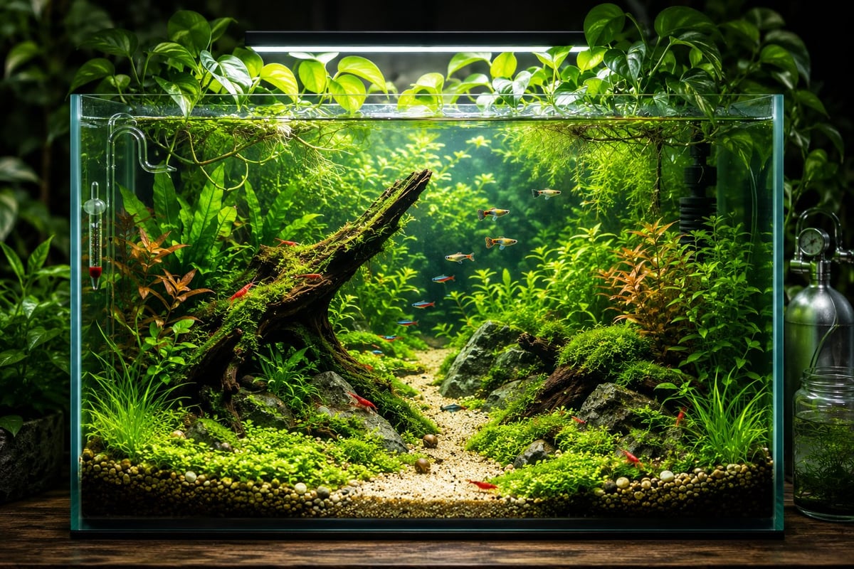Lush aquascaped aquarium with dense green plants, driftwood, and sandy substrate in a glass tank