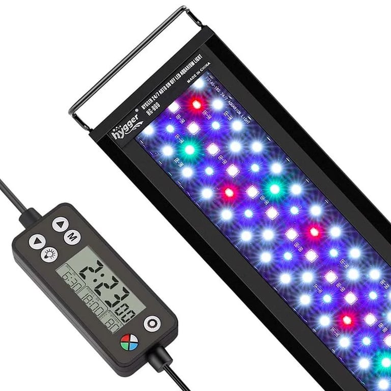 LED aquarium light bar with digital controller showing colorful blue, purple, red, and cyan LEDs illuminated