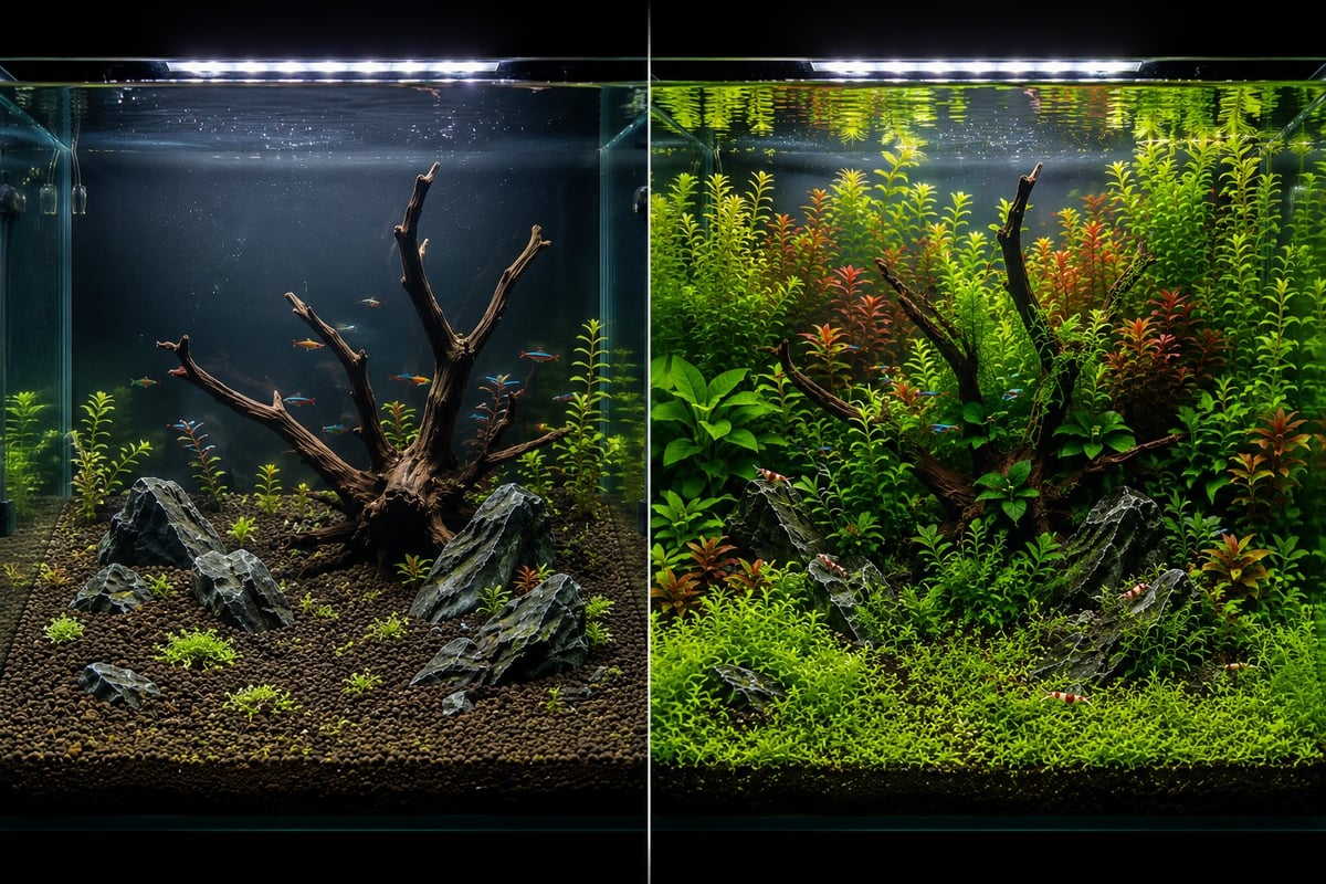Side-by-side aquarium comparison showing planted tank progression with driftwood centerpiece and aquatic vegetation in early and mature growth stages